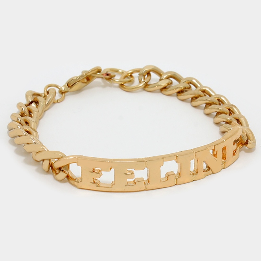 Gold "FELINE" Chain Link Name Plate Bracelet Jewel